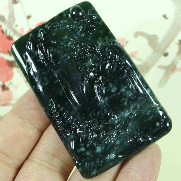 Cert'd Green Yellow 100% Natural A Jade jadeite Pendant Carved Landscape - Picture 4 of 8